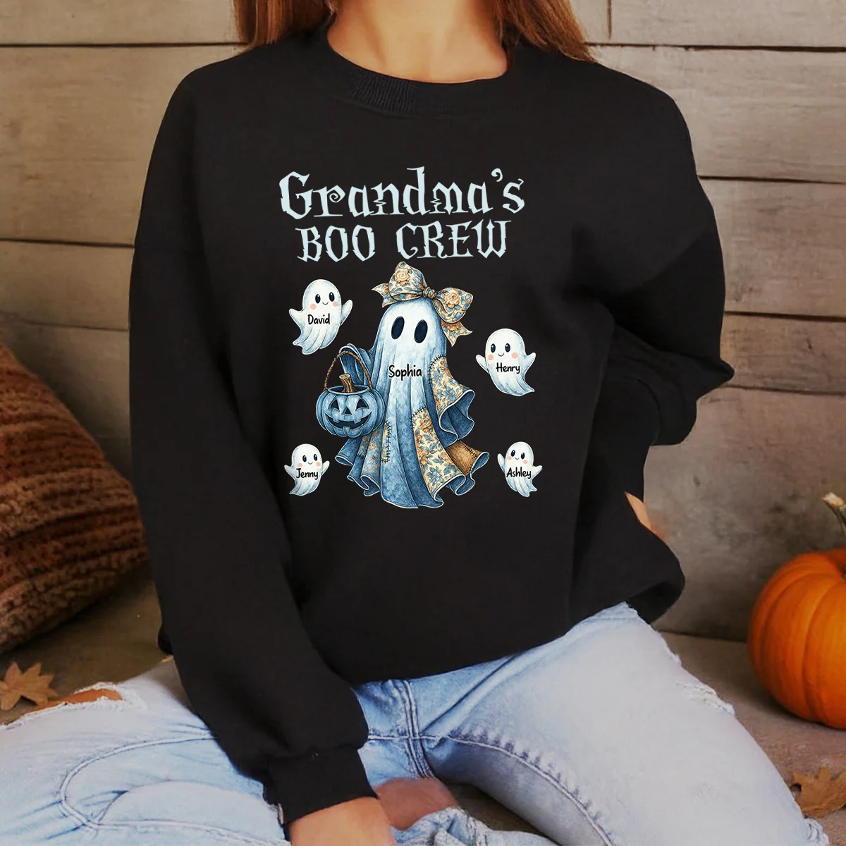 Grandma's Boo Crew Retro Halloween Blue Denim Ghost Personalized Sweatshirt, Spooky Sweatshirt for Grandma, Mom - Image 7