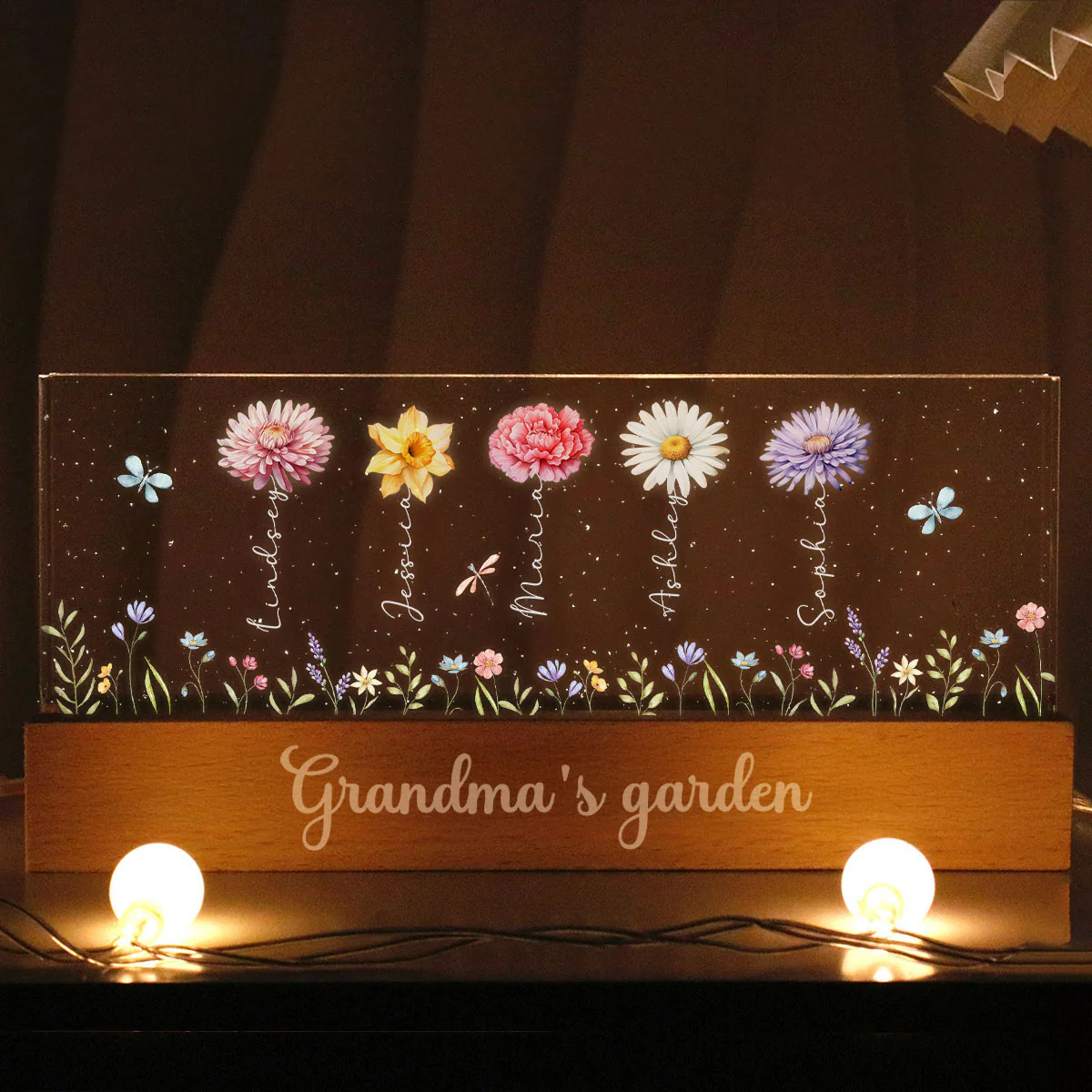Grandma's Enchanted Garden Birth Month Flowers Personalized Acrylic Block LED Night Light, Gift - Image 6