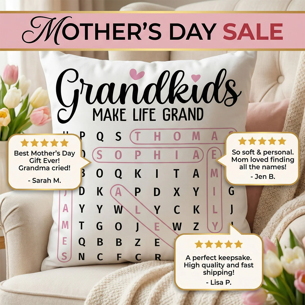 Grandma's Favorite People Word Search Puzzle - Personalized Pillow - Mother's Day Gift For Grandma Mom - Image 6