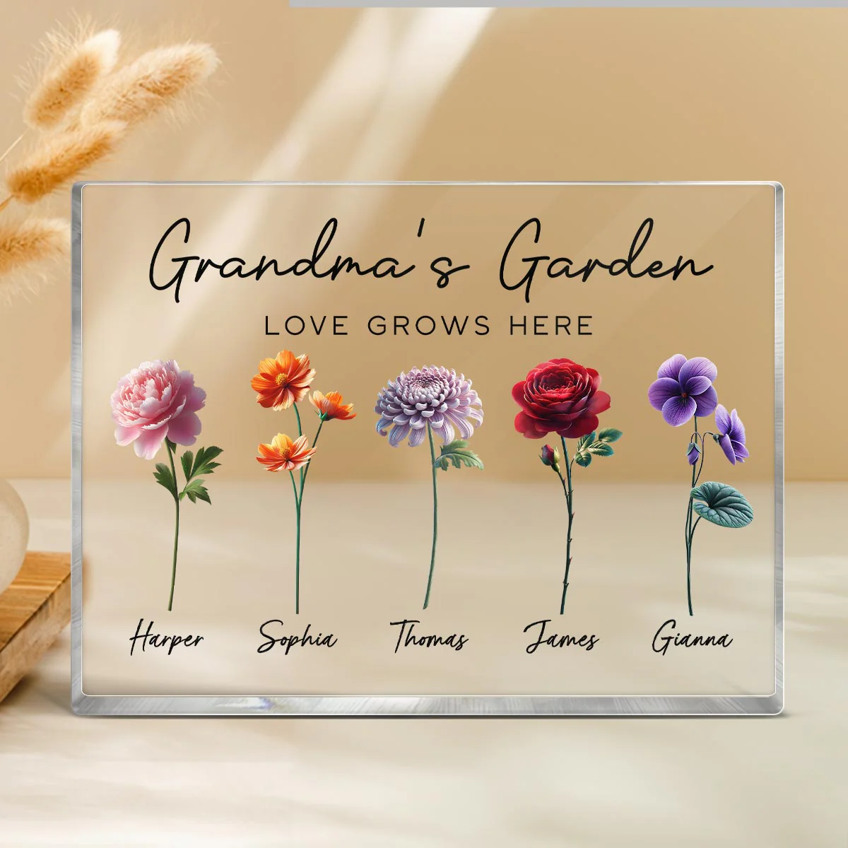 Grandma's Garden 3D Effect Birth Month Flower Personalized Acrylic Block Plaque, Gift For Grandma