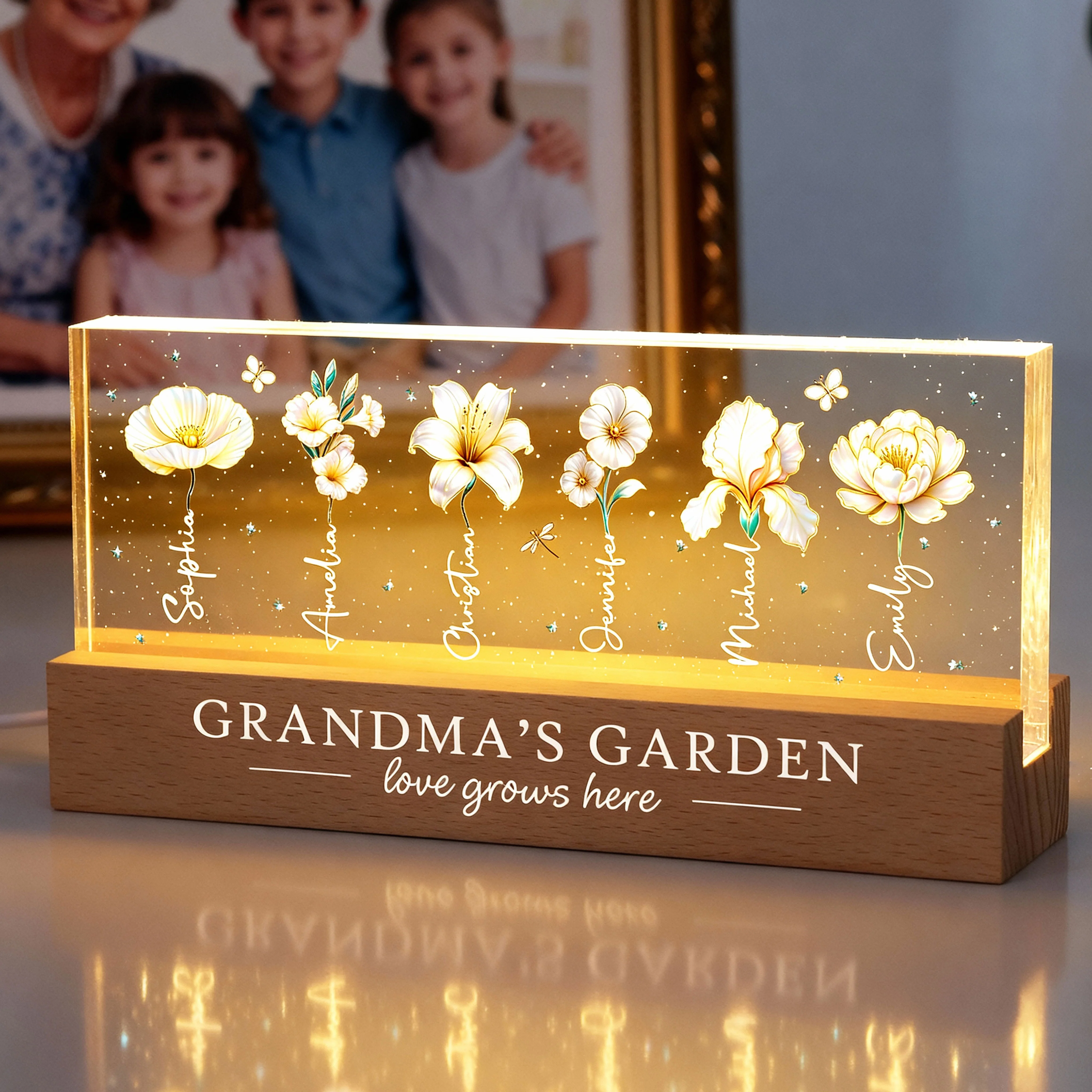Grandma's Garden 3D Effect Birth Month Flowers - Personalized Acrylic Block LED Night Light - Gift For Grandma - Image 2
