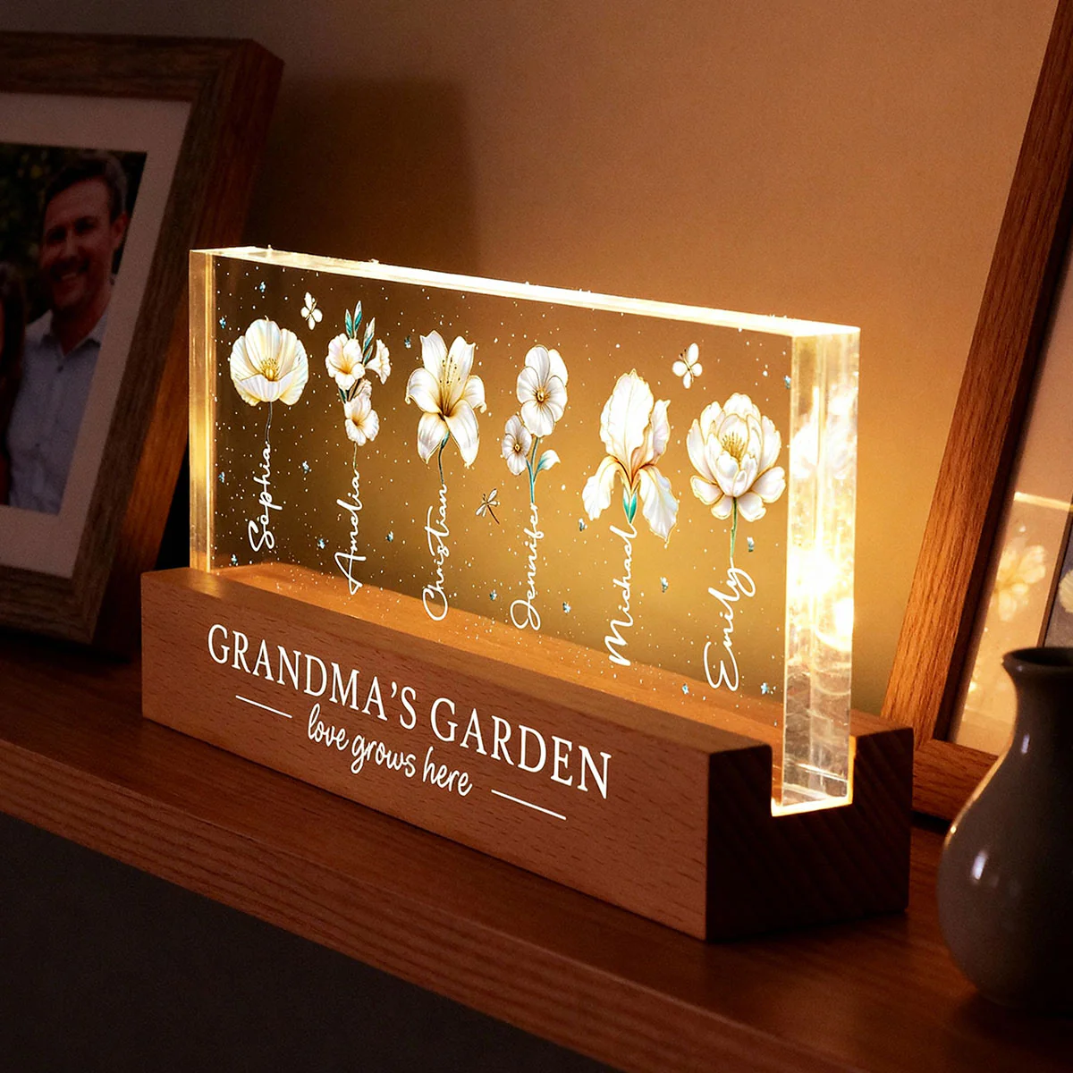 Grandma's Garden 3D Effect Birth Month Flowers - Personalized Acrylic Block LED Night Light - Gift For Grandma - Image 7