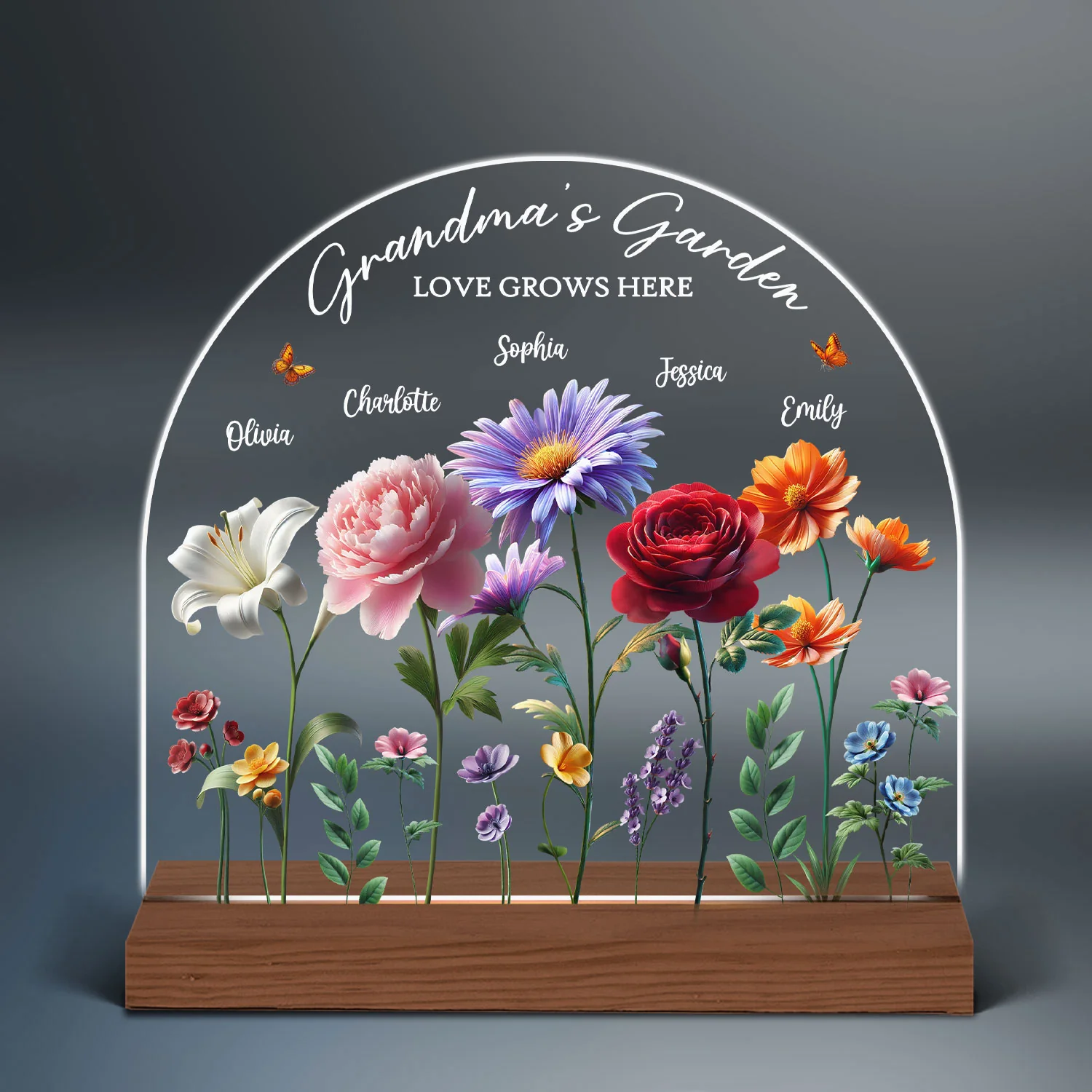 Grandma's Garden 3D Effect Birth Month Flowers Personalized Custom Shape Acrylic Warm LED Night Light - Image 2