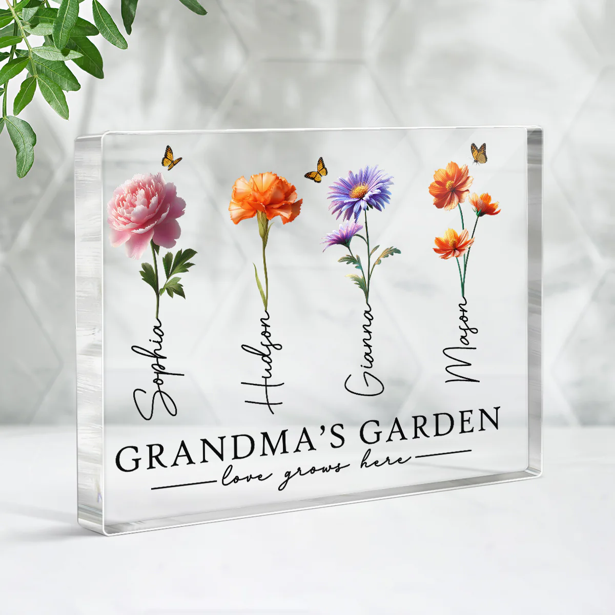 Grandma's Garden 3D Effect Birth Month Flowers Personalized Rectangle Acrylic Block Plaque - Image 3