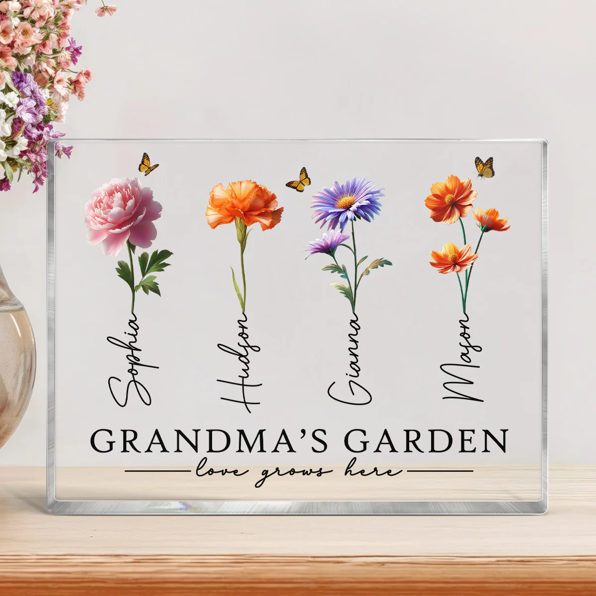 Grandma's Garden 3D Effect Birth Month Flowers Personalized Rectangle Acrylic Block Plaque - Image 4