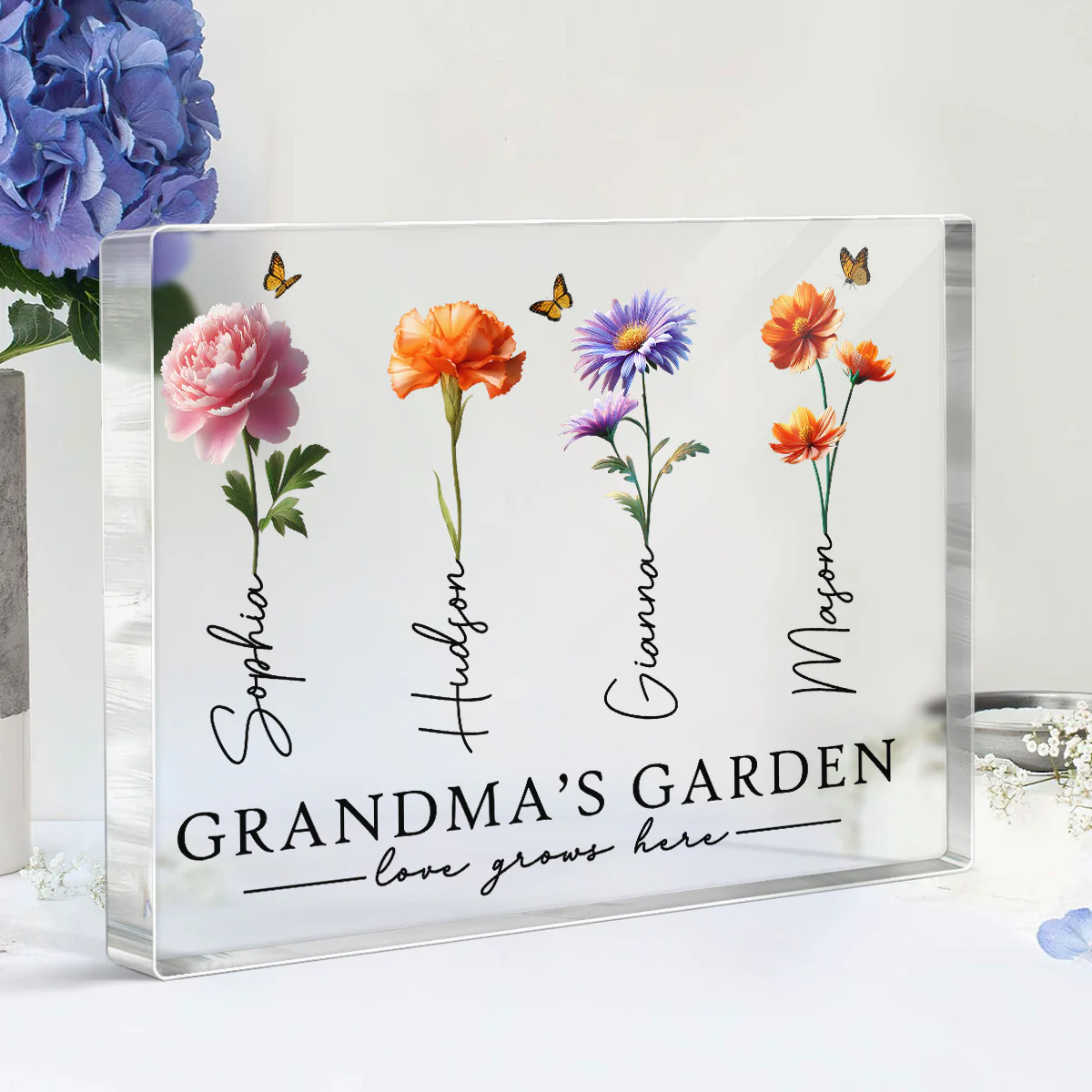 Grandma's Garden 3D Effect Birth Month Flowers Personalized Rectangle Acrylic Block Plaque - Image 5