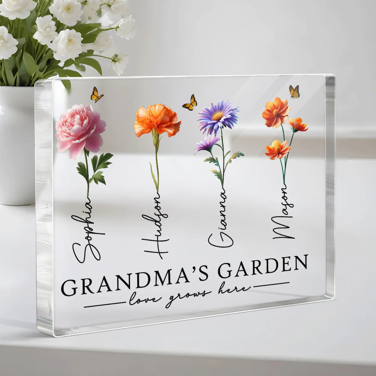 Grandma's Garden 3D Effect Birth Month Flowers Personalized Rectangle Acrylic Block Plaque - Image 6
