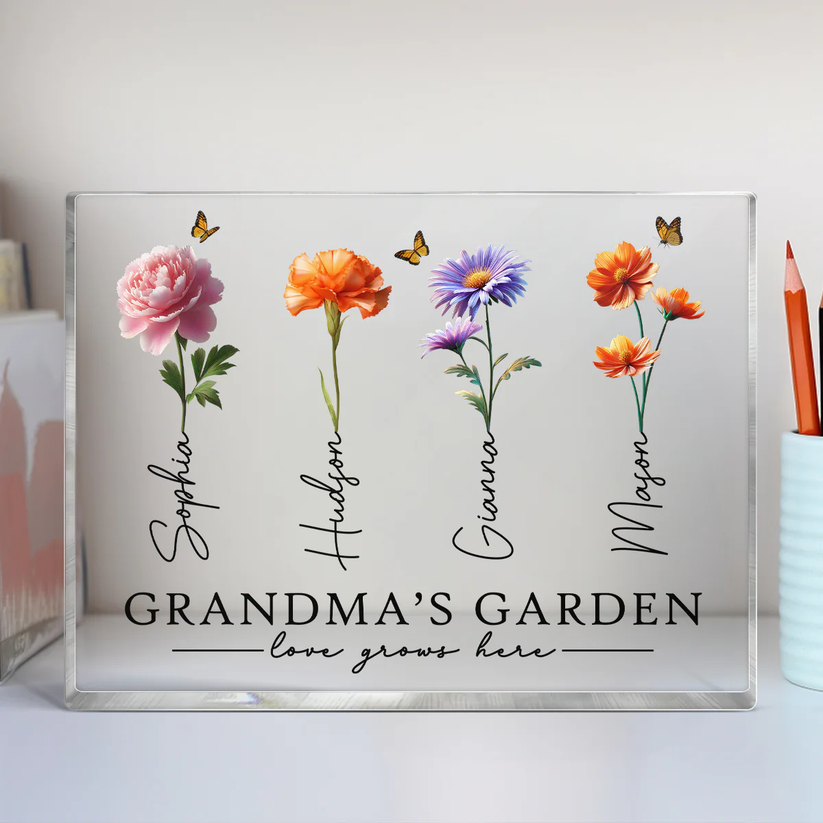 Grandma's Garden 3D Effect Birth Month Flowers Personalized Rectangle Acrylic Block Plaque - Image 7