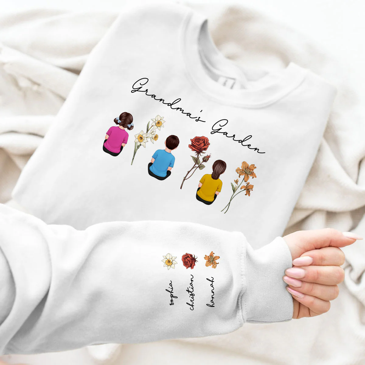 Grandma's Garden Back View Kid Sitting Birth Month Flower Personalized Sleeve Printed Sweatshirt - Image 4