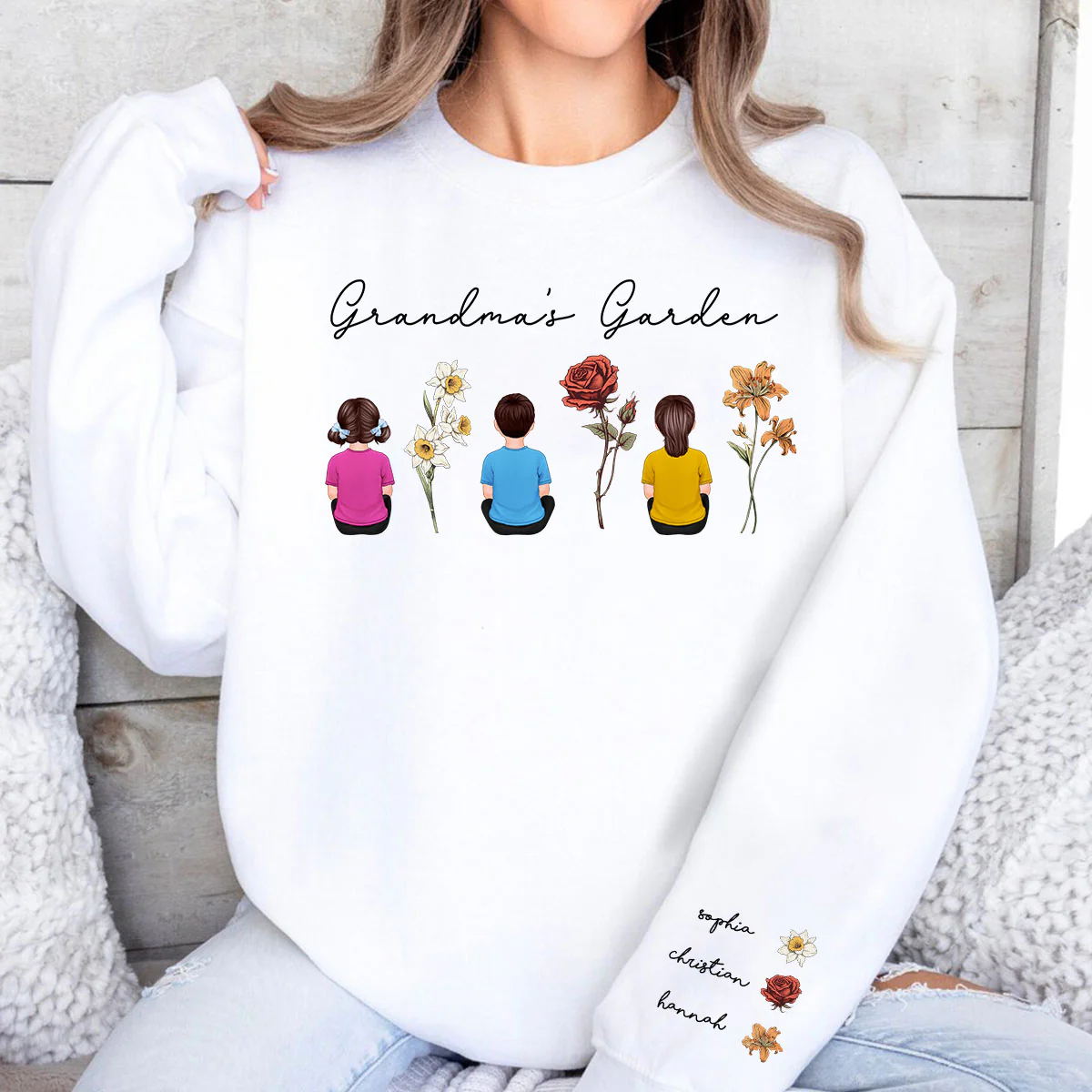 Grandma's Garden Back View Kid Sitting Birth Month Flower Personalized Sleeve Printed Sweatshirt - Image 5