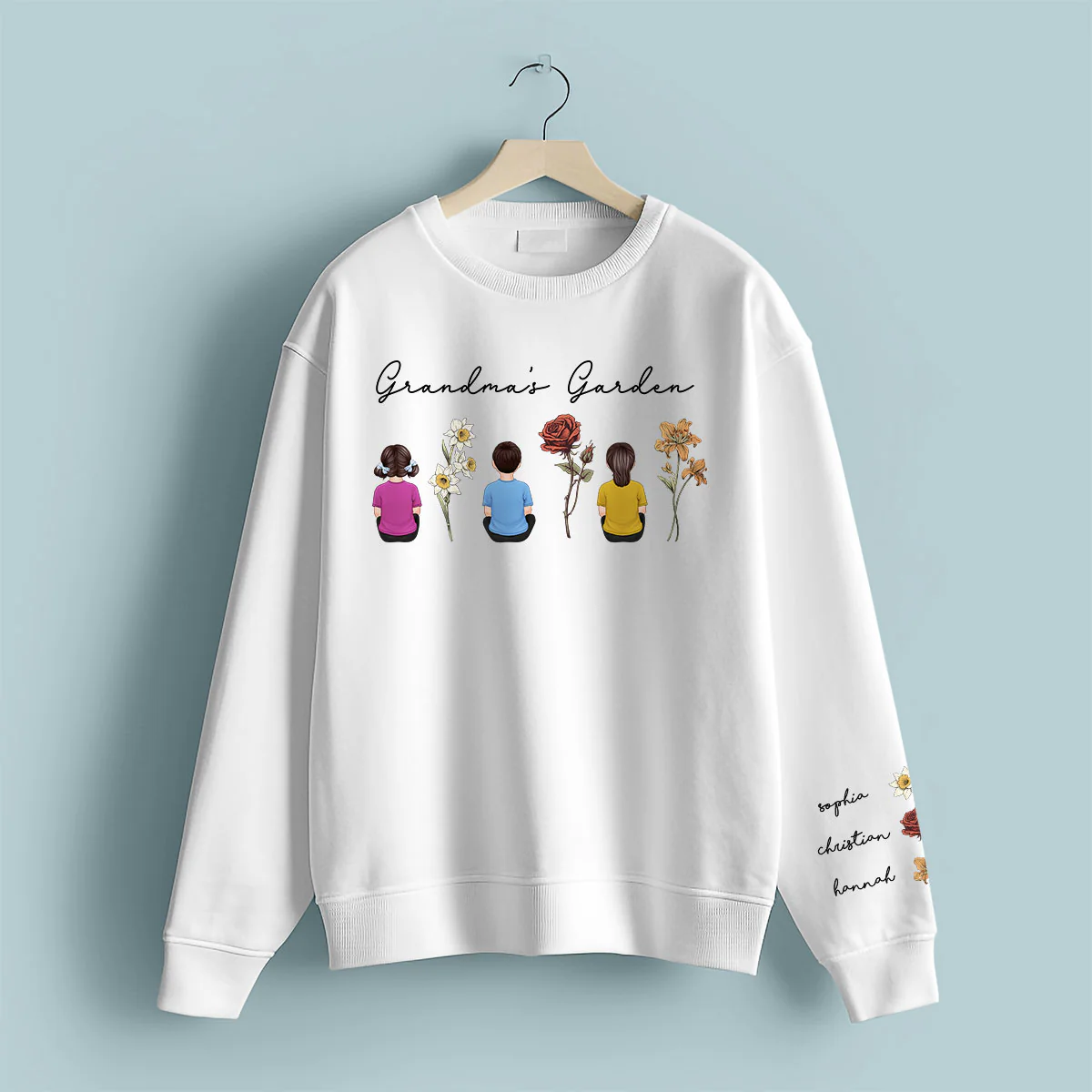 Grandma's Garden Back View Kid Sitting Birth Month Flower Personalized Sleeve Printed Sweatshirt - Image 6