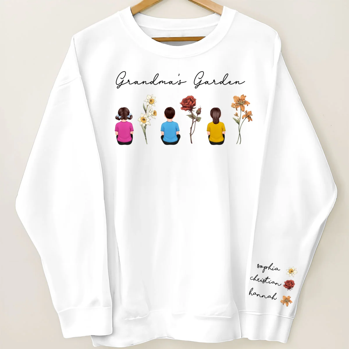 Grandma's Garden Back View Kid Sitting Birth Month Flower Personalized Sleeve Printed Sweatshirt - Image 7