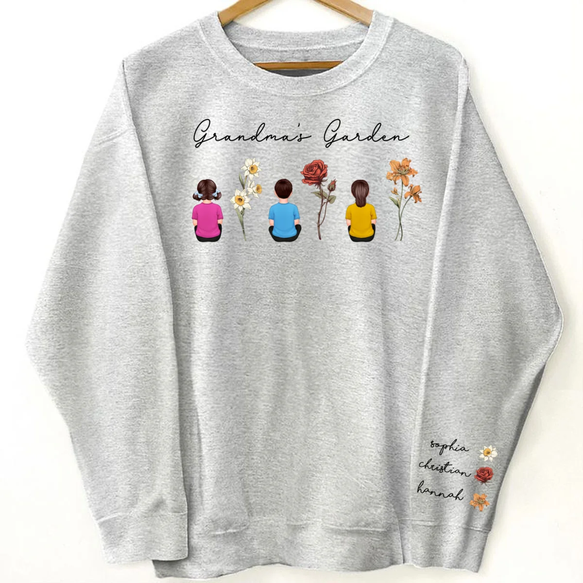 Grandma's Garden Back View Kid Sitting Birth Month Flower Personalized Sleeve Printed Sweatshirt - Image 8