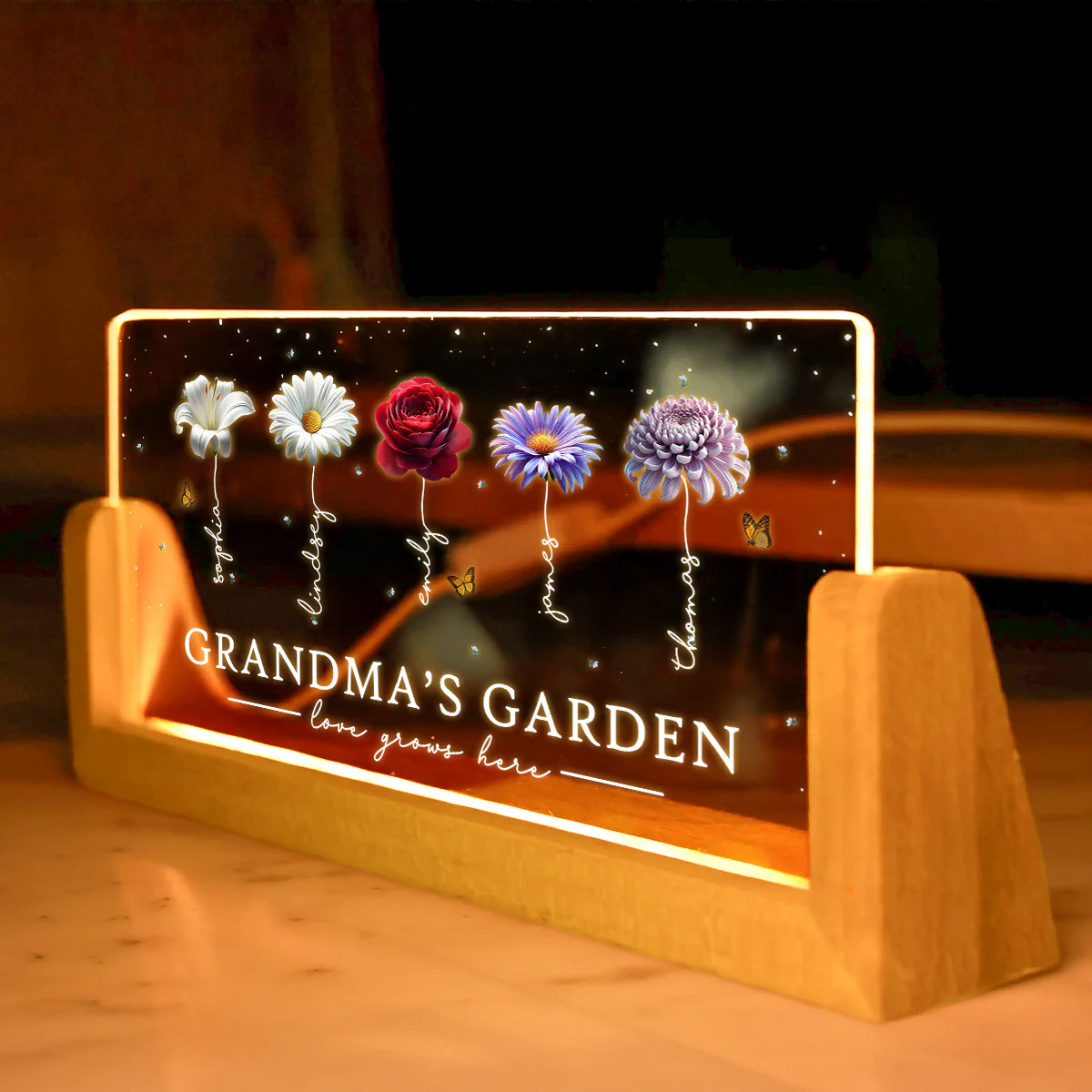 Grandma's Garden Beautiful 3D Effect Birth Flowers - Personalized Acrylic Plaque LED Night Light - Gift For Grandma - Image 2