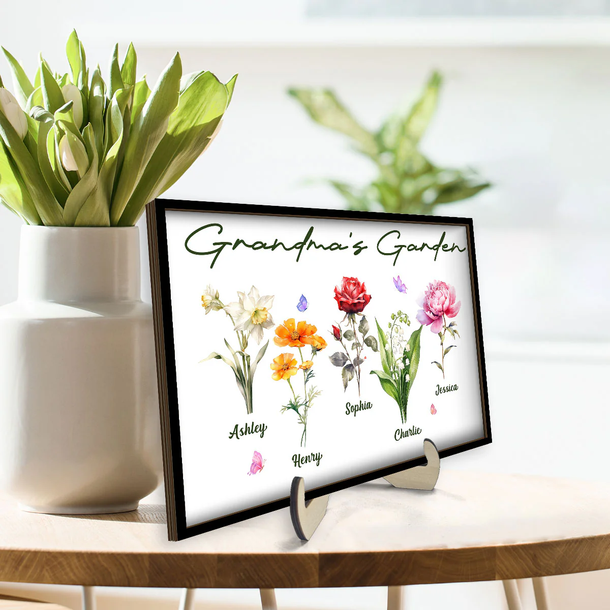 Grandma‘s Garden Beautiful Birth Month Flower Gift For Grandma Mom Personalized 2-Layer Wooden Plaque - Image 3