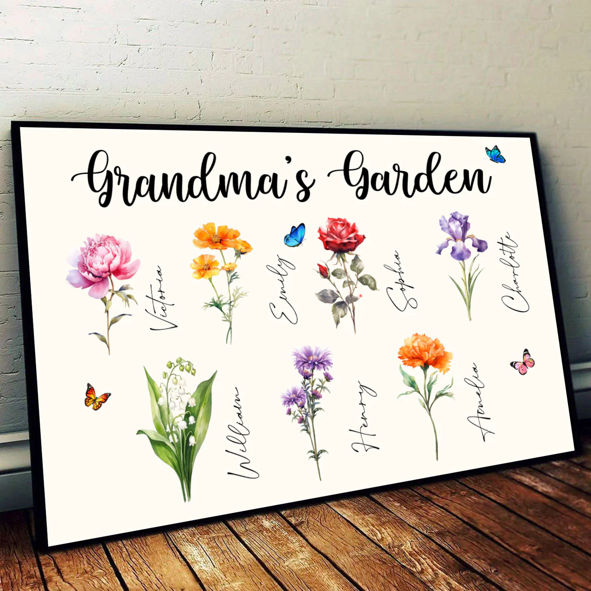Grandma‘s Garden Beautiful Birth Month Flower With Names Personalized Horizontal Poster