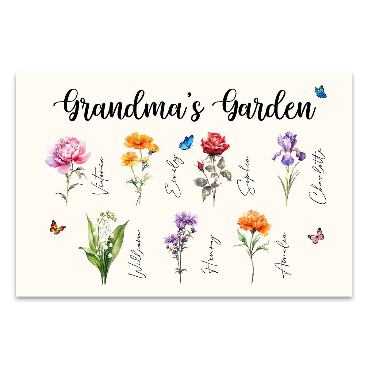 Grandma‘s Garden Beautiful Birth Month Flower With Names Personalized Horizontal Poster - Image 2
