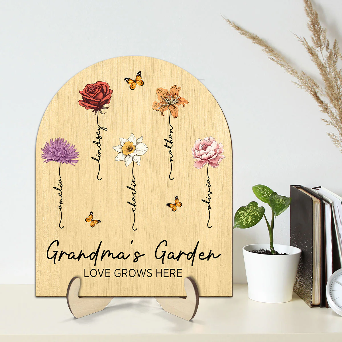 Grandma's Garden Beautiful Birth Month Flowers Dome Shaped Personalized Wooden Plaque - Image 2
