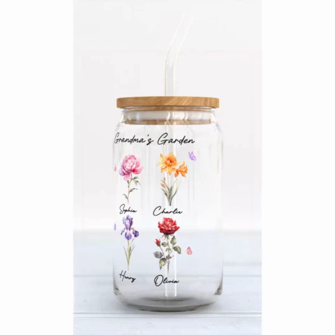 Grandma‘s Garden Beautiful Birth Month Flowers Mother‘s Day Birthday Gift For Grandma Mom Personalized Clear Glass Can - Image 2
