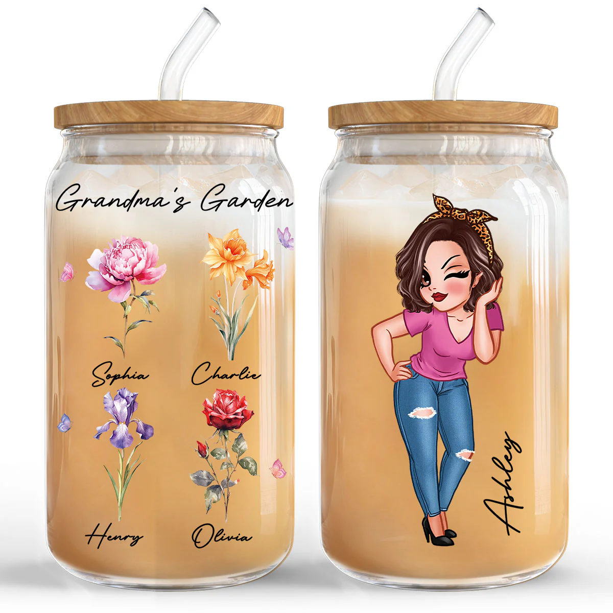 Grandma‘s Garden Beautiful Birth Month Flowers Mother‘s Day Birthday Gift For Grandma Mom Personalized Clear Glass Can - Image 3