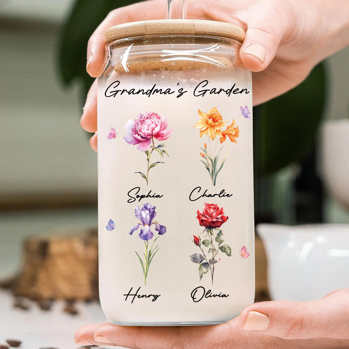 Grandma‘s Garden Beautiful Birth Month Flowers Mother‘s Day Birthday Gift For Grandma Mom Personalized Clear Glass Can - Image 4