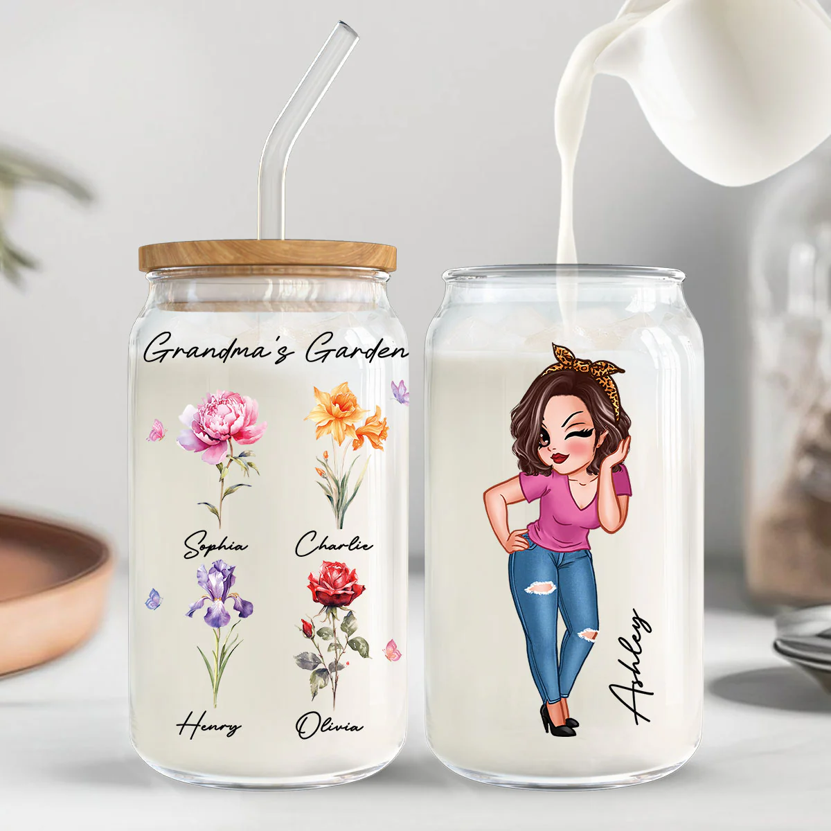 Grandma‘s Garden Beautiful Birth Month Flowers Mother‘s Day Birthday Gift For Grandma Mom Personalized Clear Glass Can - Image 5