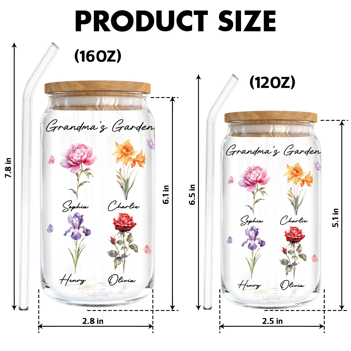 Grandma‘s Garden Beautiful Birth Month Flowers Mother‘s Day Birthday Gift For Grandma Mom Personalized Clear Glass Can - Image 6
