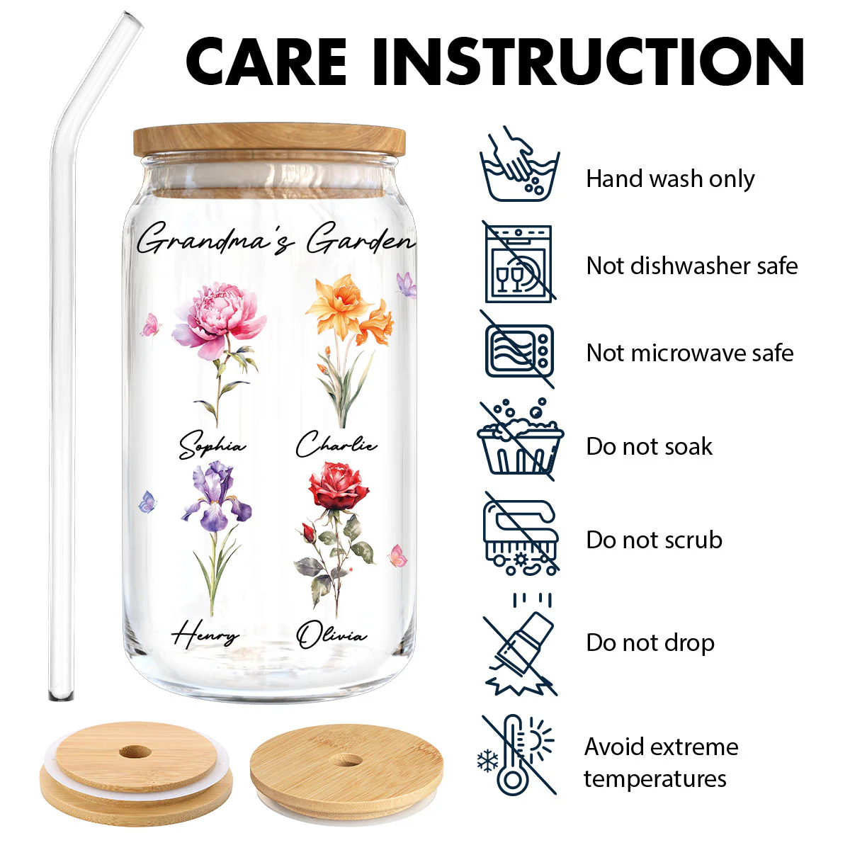 Grandma‘s Garden Beautiful Birth Month Flowers Mother‘s Day Birthday Gift For Grandma Mom Personalized Clear Glass Can - Image 7
