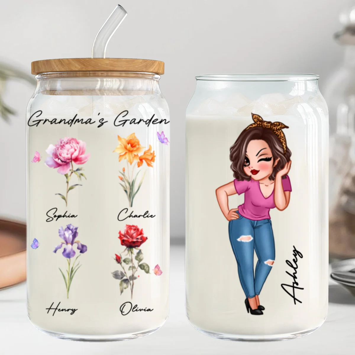 Grandma‘s Garden Beautiful Birth Month Flowers Mother‘s Day Birthday Gift For Grandma Mom Personalized Clear Glass Can - Image 8