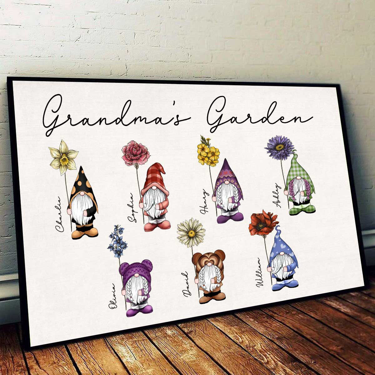 Grandma‘s Garden Beautiful Vintage Birth Flowers Cute Custom Gnomes Personalized Horizontal Poster - Image 2
