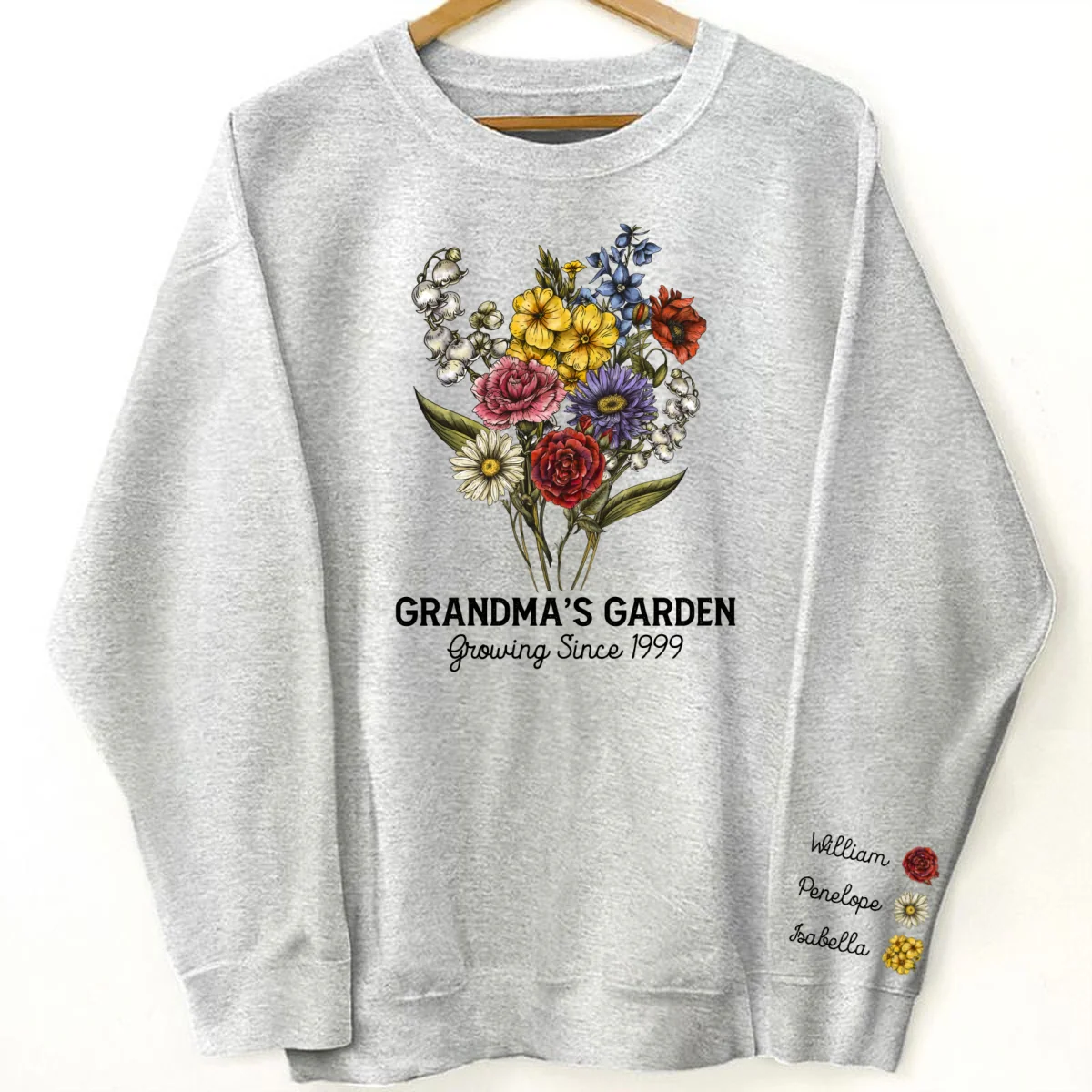 Grandma‘s Garden Beautiful Vintage Birth Month Flowers Bouquet Personalized Sleeve Printed Sweatshirt - Image 11