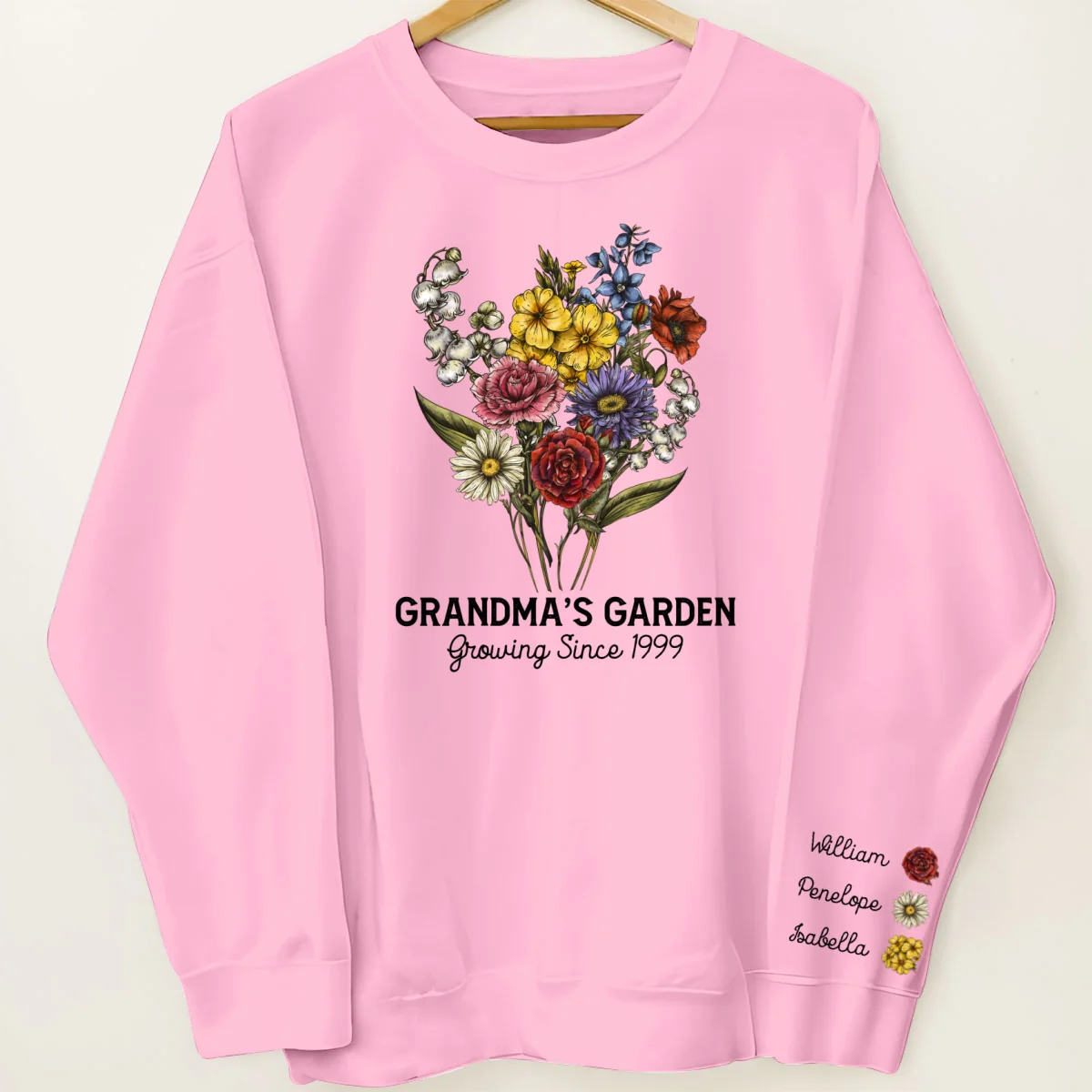 Grandma‘s Garden Beautiful Vintage Birth Month Flowers Bouquet Personalized Sleeve Printed Sweatshirt - Image 12