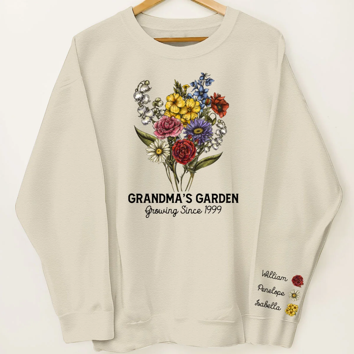 Grandma‘s Garden Beautiful Vintage Birth Month Flowers Bouquet Personalized Sleeve Printed Sweatshirt - Image 13