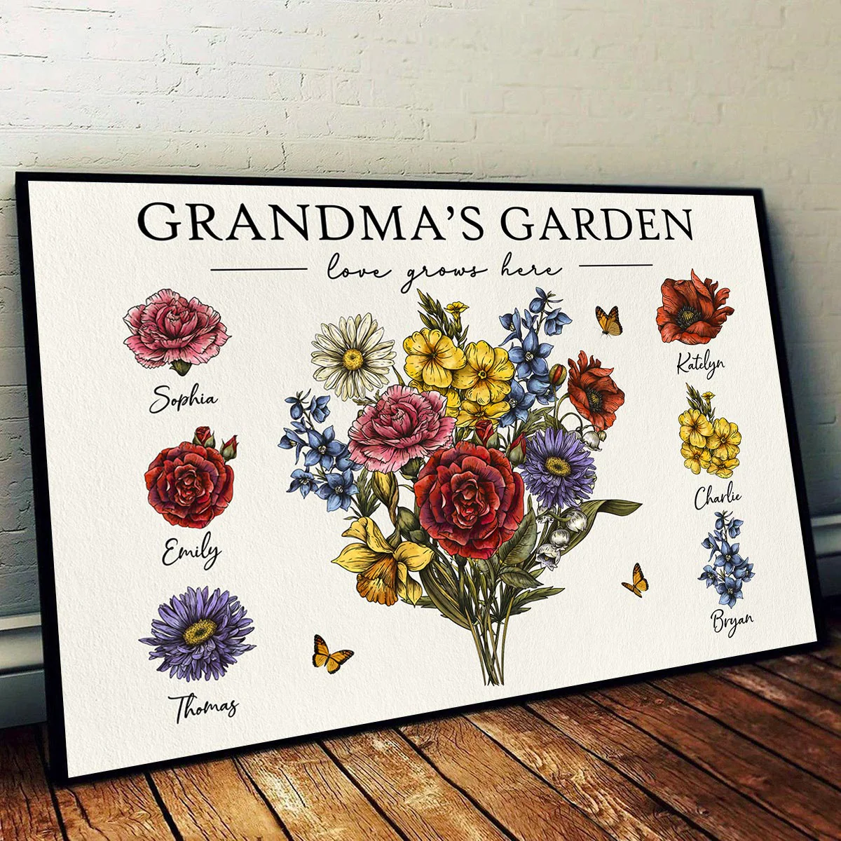 Grandma‘s Garden Beautiful Vintage Birth Month Flowers With Grandkids Names Personalized Horizontal Poster, Mother’s Day Gift For Grandma, Mom - Image 2
