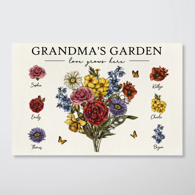 Grandma‘s Garden Beautiful Vintage Birth Month Flowers With Grandkids Names Personalized Horizontal Poster, Mother’s Day Gift For Grandma, Mom - Image 6