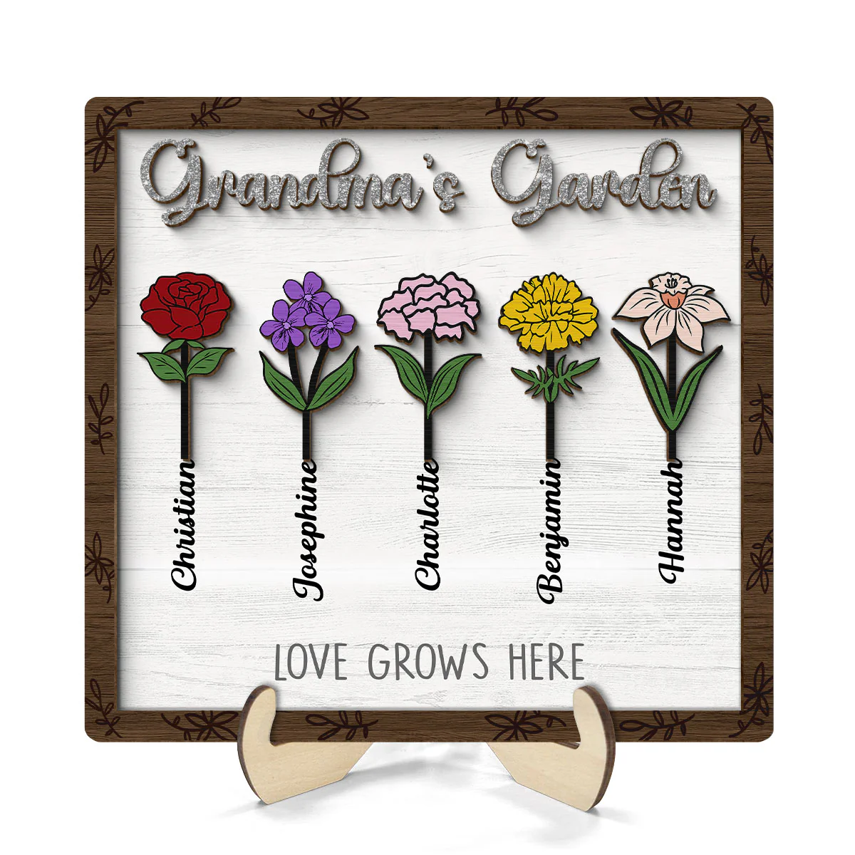 Grandma's Garden Birth Month Flower Personalized 2-Layer Wooden Plaque