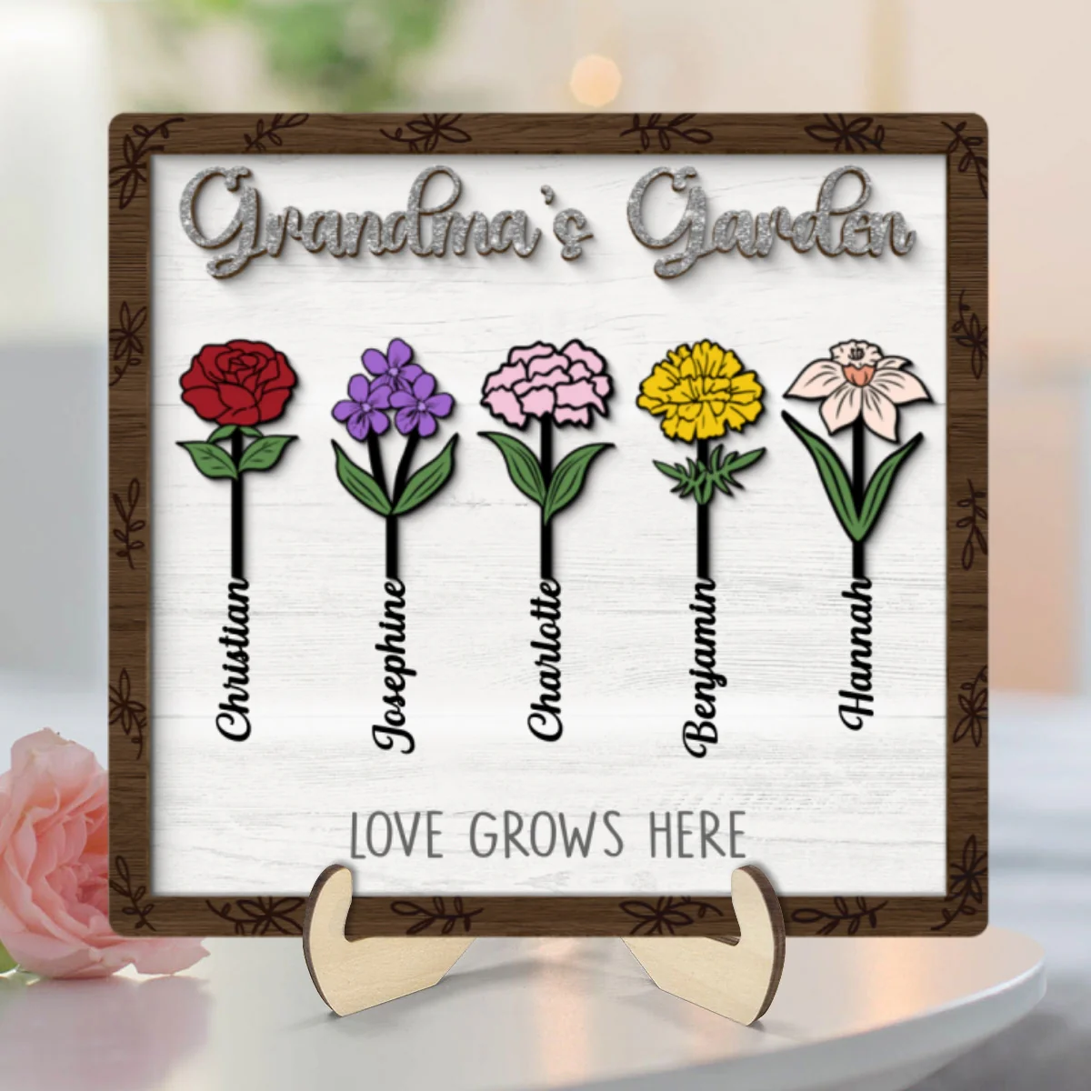 Grandma's Garden Birth Month Flower Personalized 2-Layer Wooden Plaque - Image 8