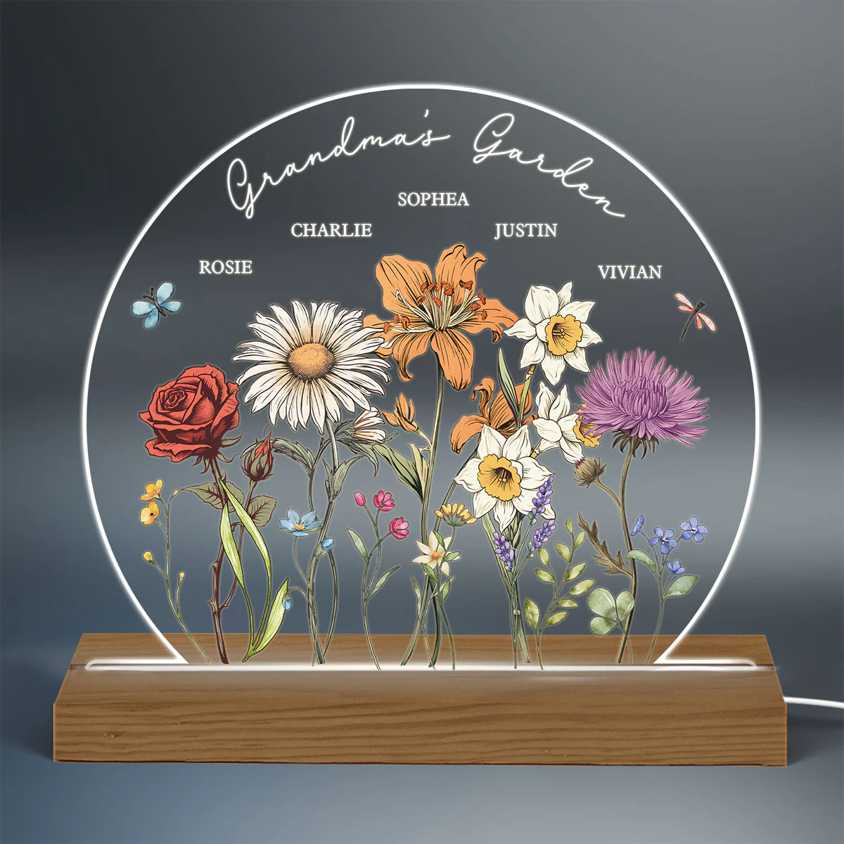 Grandma's Garden Birth Month Flower Personalized Circle LED Night Light, Christmas Gift For Mom, Gift For Grandma - Image 3