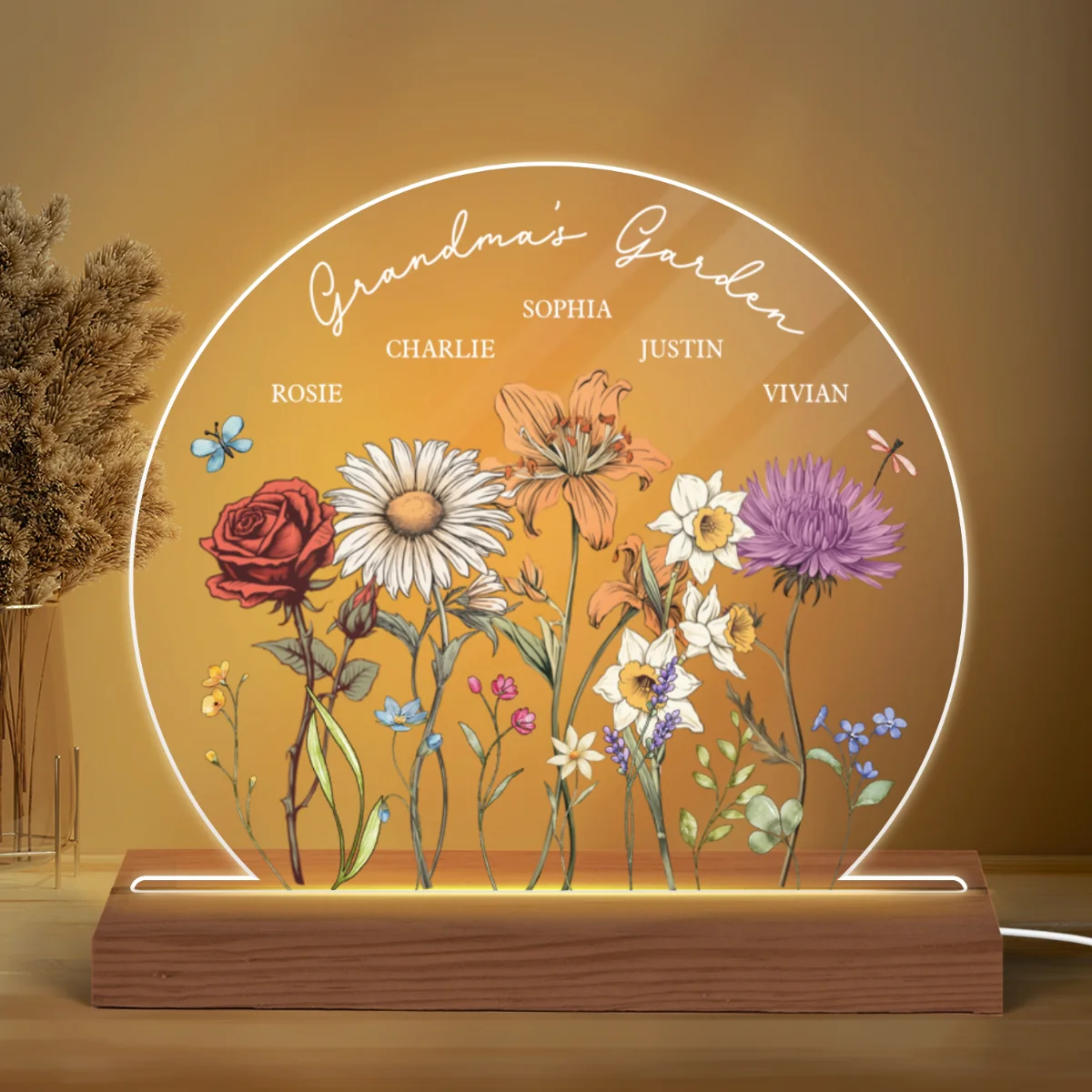Grandma's Garden Birth Month Flower Personalized Circle LED Night Light, Christmas Gift For Mom, Gift For Grandma - Image 7