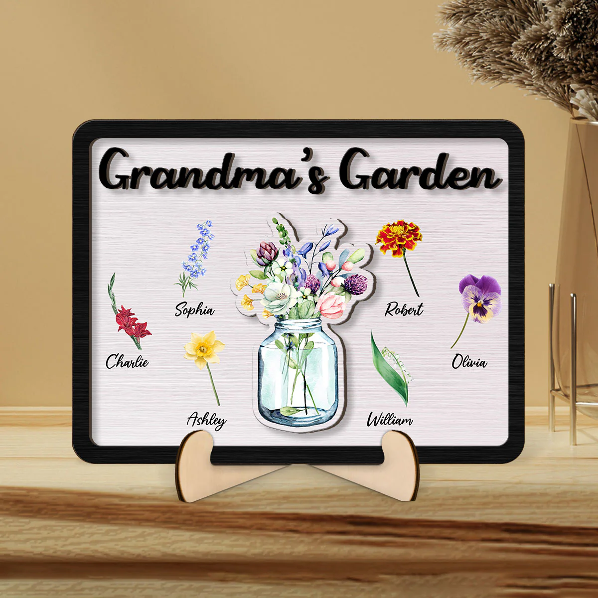 Grandma‘s Garden Birth Month Flowers Flowers In Jar Personalized 2-layer Wooden Plaque - Image 7