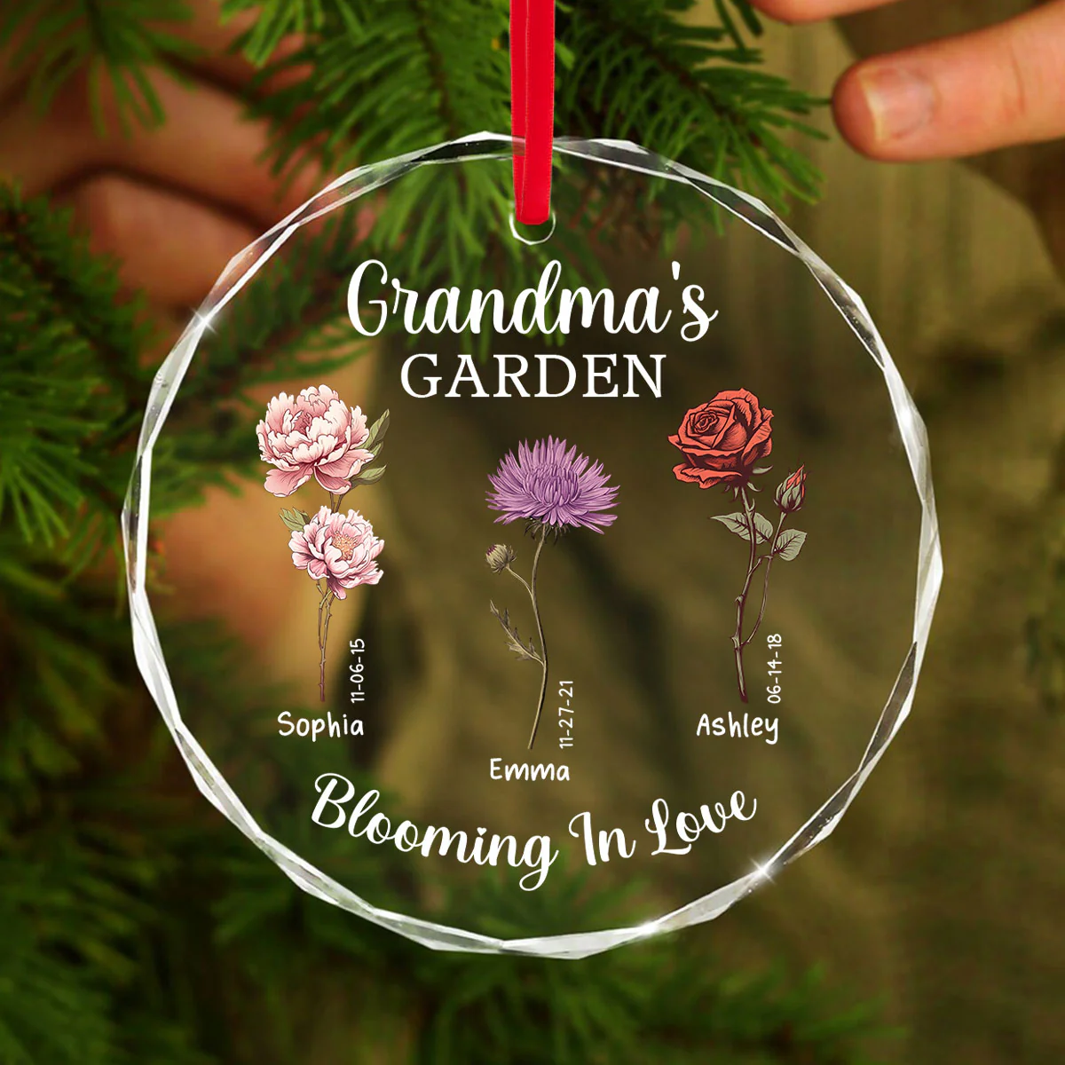 Grandma's Garden Blooming In Love Personalized Glass Ornament, Christmas Gift For Grandma Granddaughter Grandson - Image 2