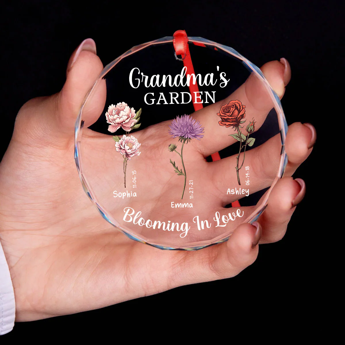 Grandma's Garden Blooming In Love Personalized Glass Ornament, Christmas Gift For Grandma Granddaughter Grandson - Image 3