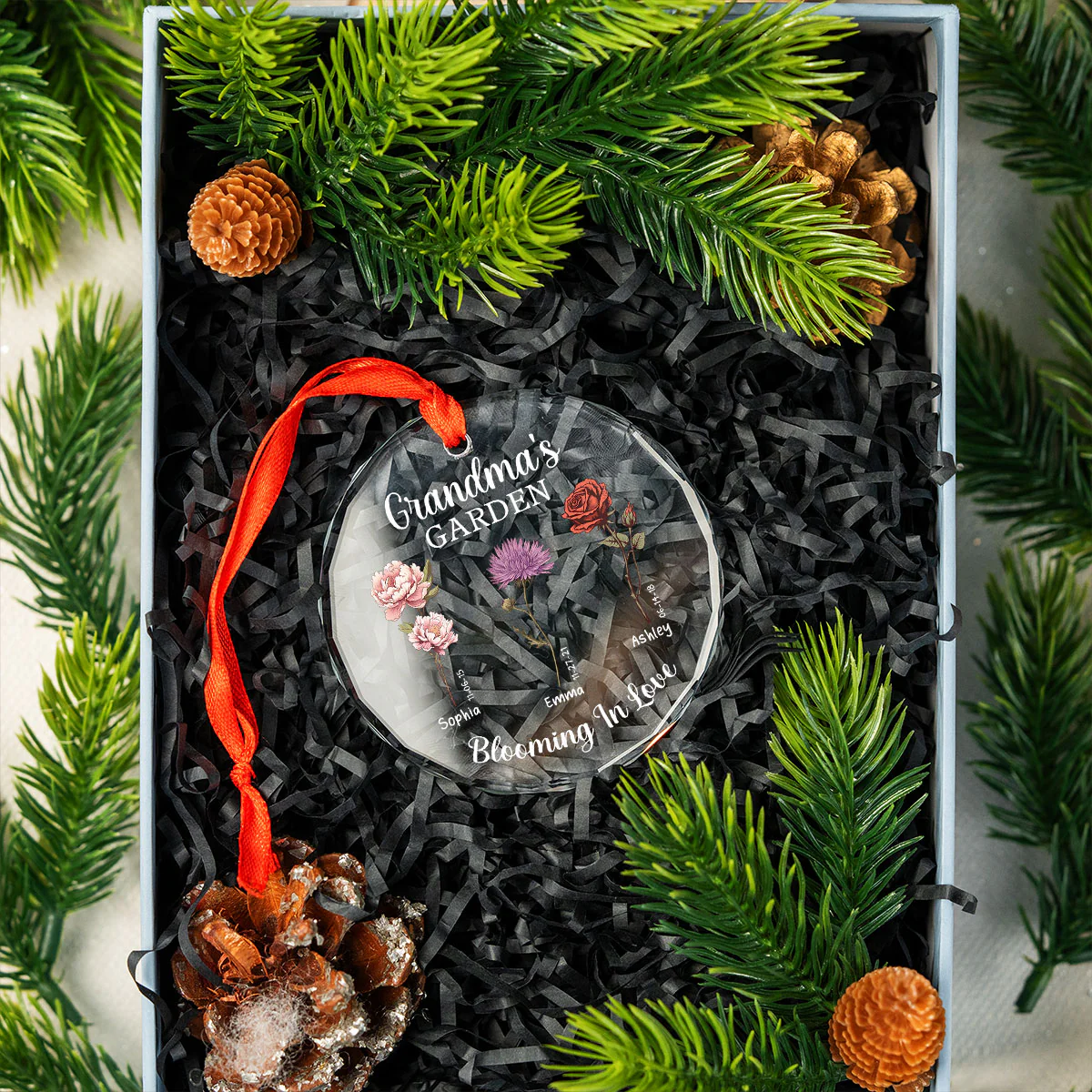 Grandma's Garden Blooming In Love Personalized Glass Ornament, Christmas Gift For Grandma Granddaughter Grandson - Image 7