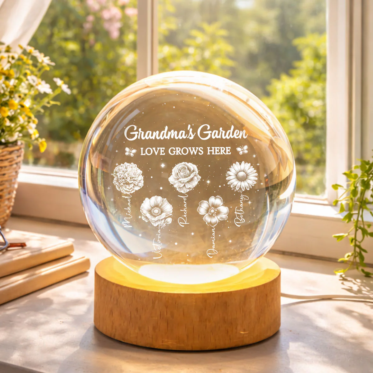Grandma's Garden Custom Birth Month Flower - Personalized Crystal Ball LED Night Light - Sentimental Gift for Grandma - Image 6