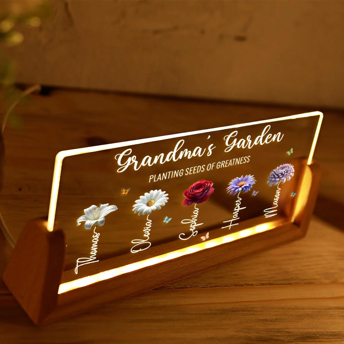 Grandma's Garden Custom Birth Month Flowers - Personalised Acrylic Plaque LED Night Light - Gift For Grandma - Image 4
