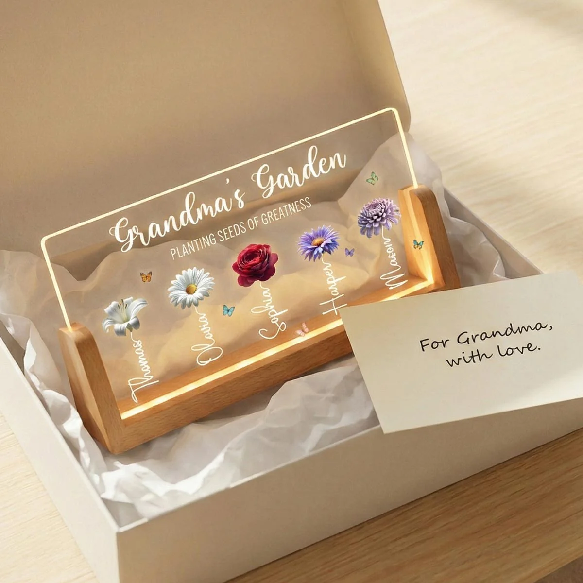 Grandma's Garden Custom Birth Month Flowers - Personalised Acrylic Plaque LED Night Light - Gift For Grandma - Image 5