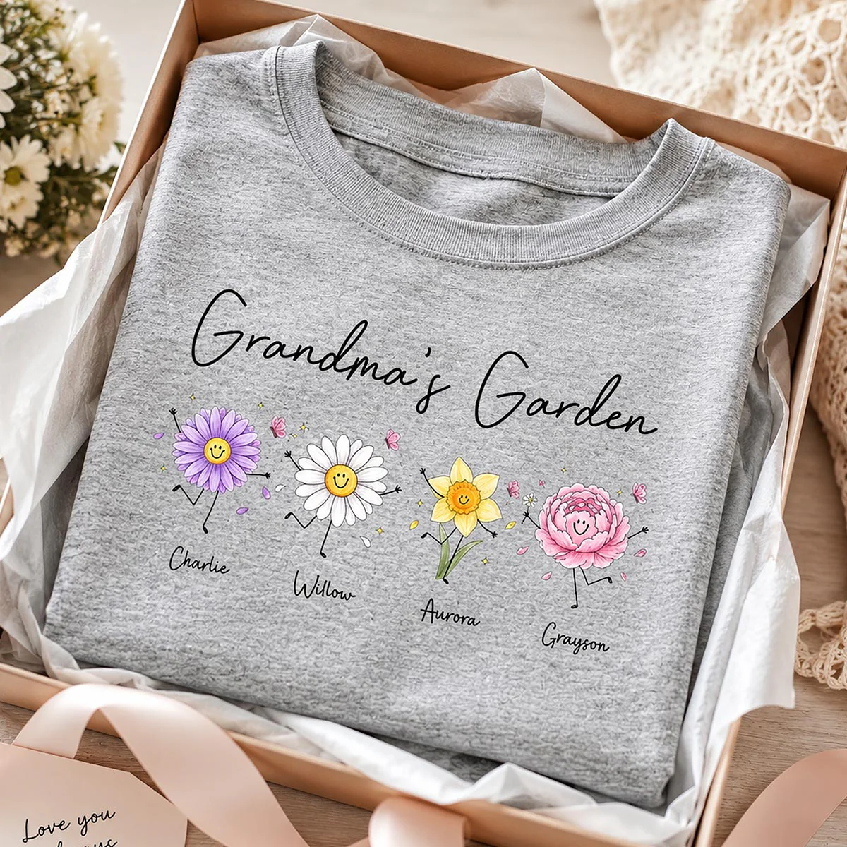 Grandma's Garden Cute Doodle Birth Month Flower - Personalized Shirt - Heartfelt Gift For Grandma, Mom, Auntie - Image 2