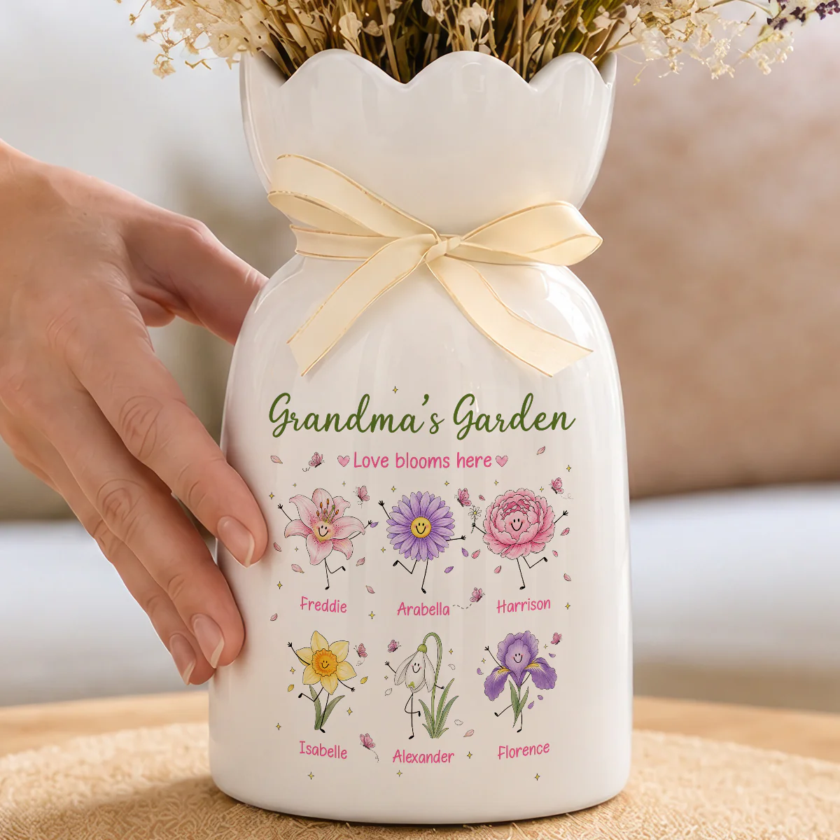 Grandma's Garden Cute Doodle Birth Month Flowers - Personalized Ceramic Flower Vase - Gift For Grandma, Mom - Image 2
