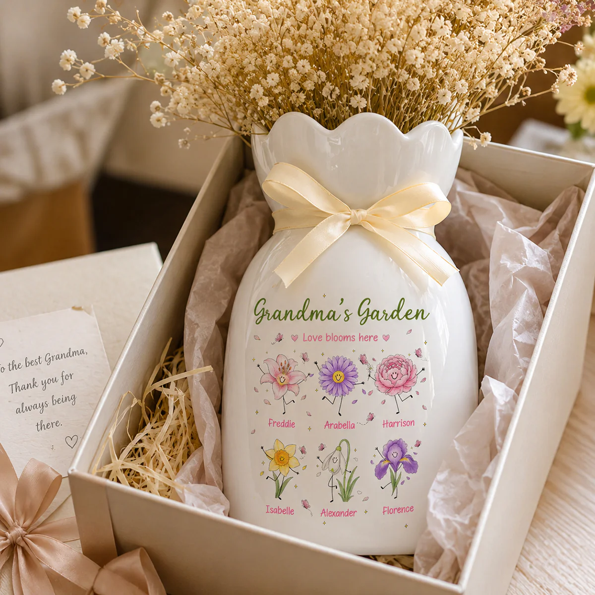 Grandma's Garden Cute Doodle Birth Month Flowers - Personalized Ceramic Flower Vase - Gift For Grandma, Mom - Image 3