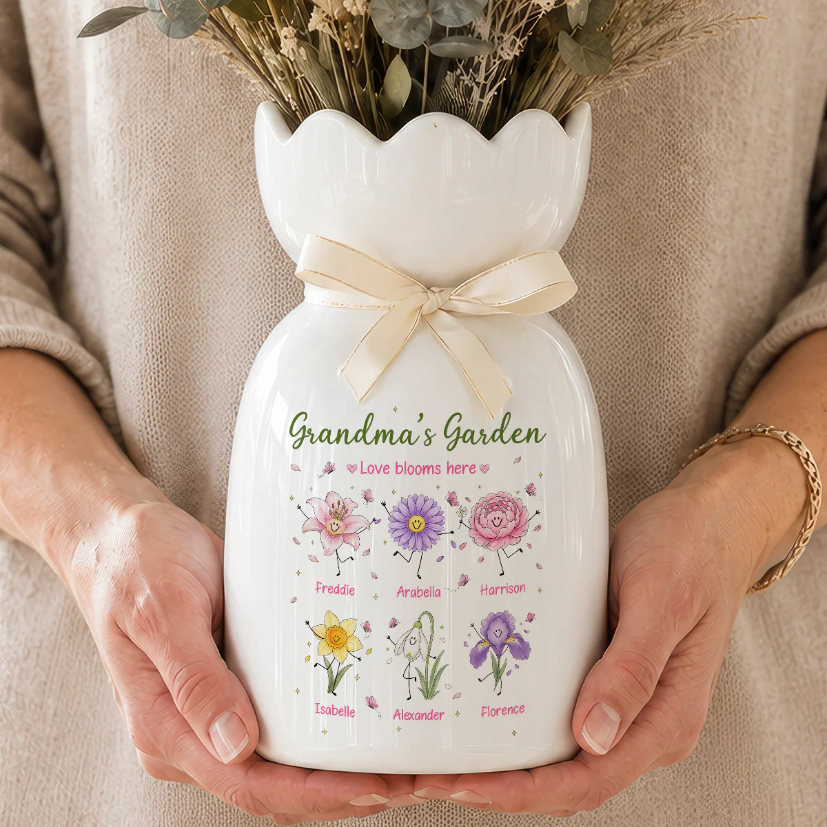 Grandma's Garden Cute Doodle Birth Month Flowers - Personalized Ceramic Flower Vase - Gift For Grandma, Mom - Image 4